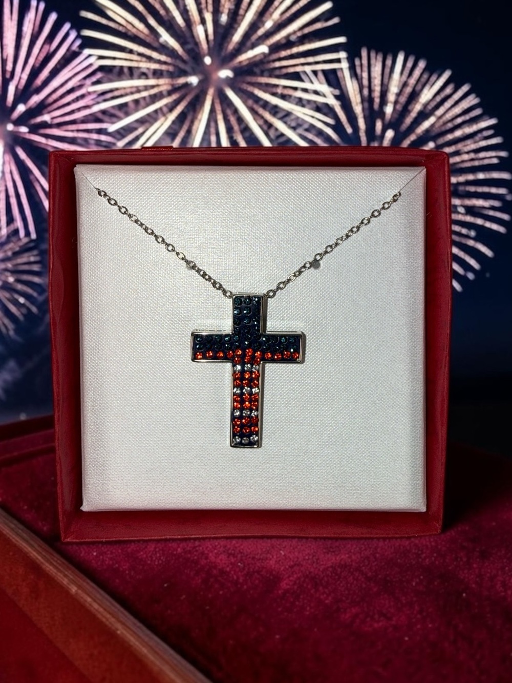 Sterling Cross Pendant Necklace with Red and Dark Blue Crystals
